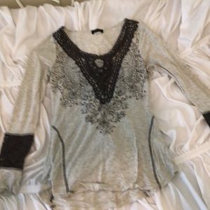 Off white, long sleeve, lace neck and sleeve shirt